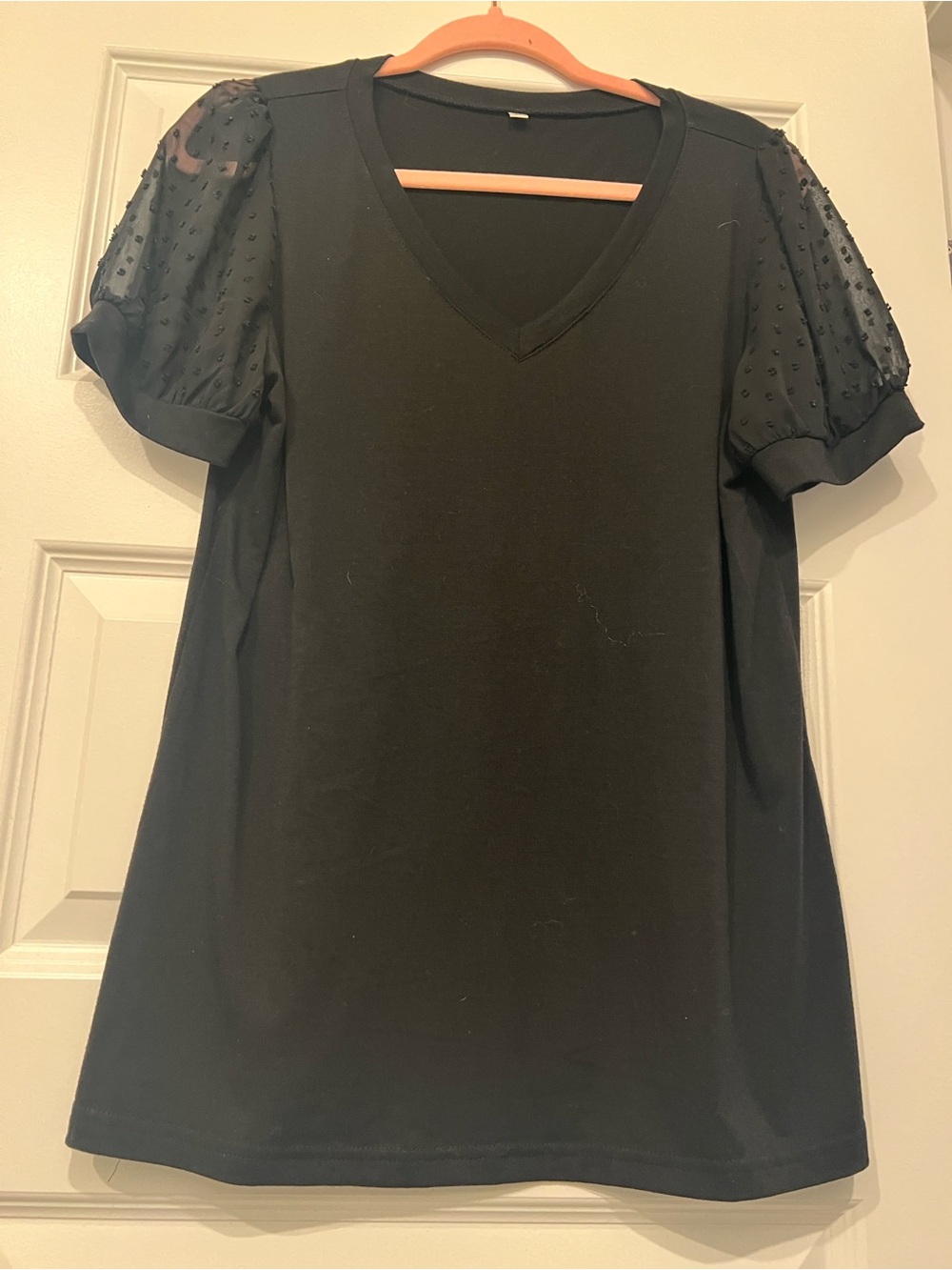 Beginning Boutique Black V-Neck Tee with Sheer Dotted Puff Sleeves